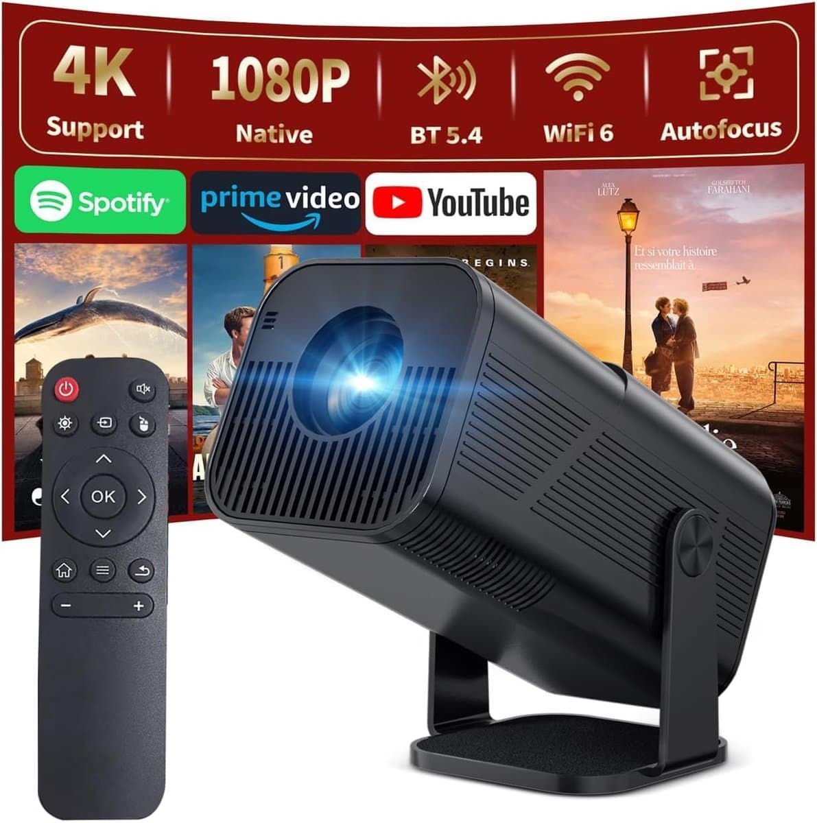 SnelShoppen - 4K Smart Mini Beamer, WiFi Bluetooth 1080P Full HD, Automatische Trapeziumcorrectie, HDMI Compatibel, Zwart voor Home Cinema, Feest, Tui — afbeelding 1