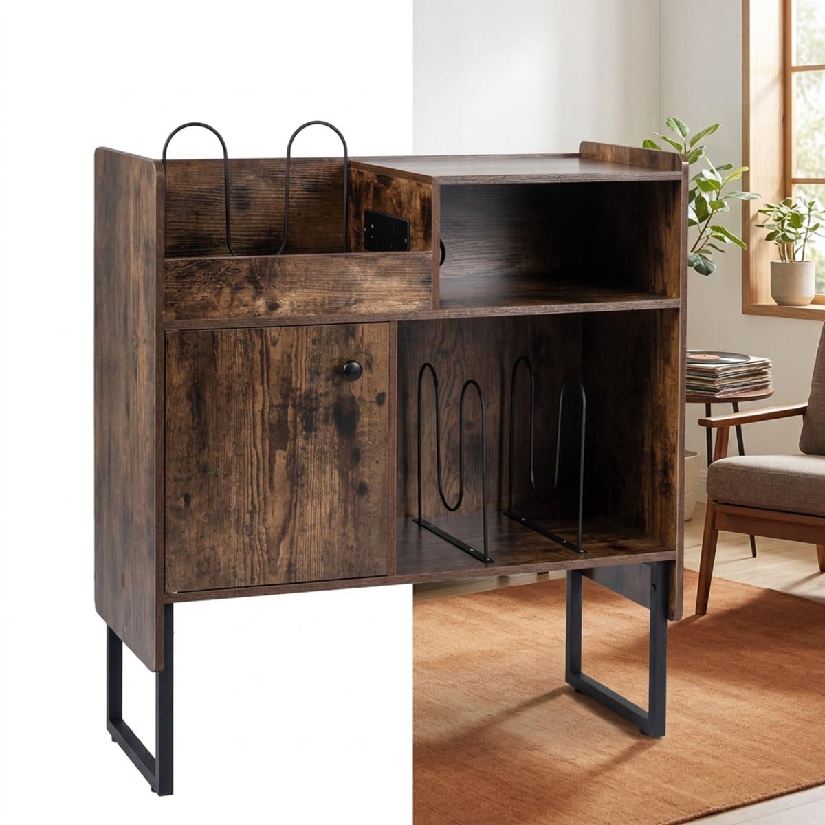 Platenspelermeubel - LP-kast - Platenspelerkast - Draaitafelstandaard - Platenspelerstandaard - Vintage Displayplank - Rustiek Bruin & Zwart — afbeelding 1