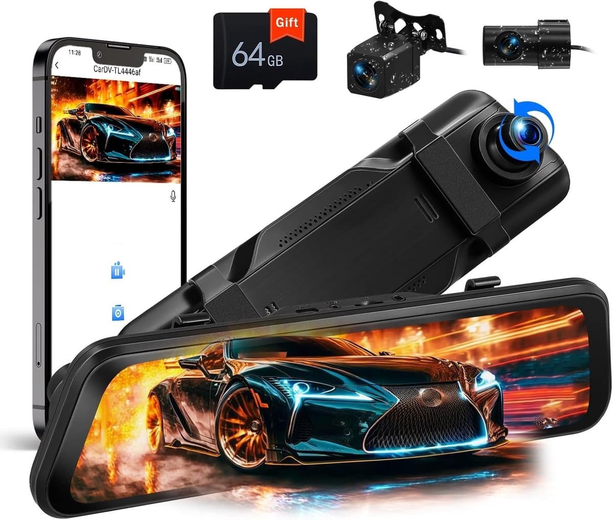 Dashcam voor auto - Zwart - 20 x 15 x 10 cm - Spiegel Dashcam met 9,66 inch IPS-touchscreen en Full HD 2K camera - Voor veilig rijden — afbeelding 1