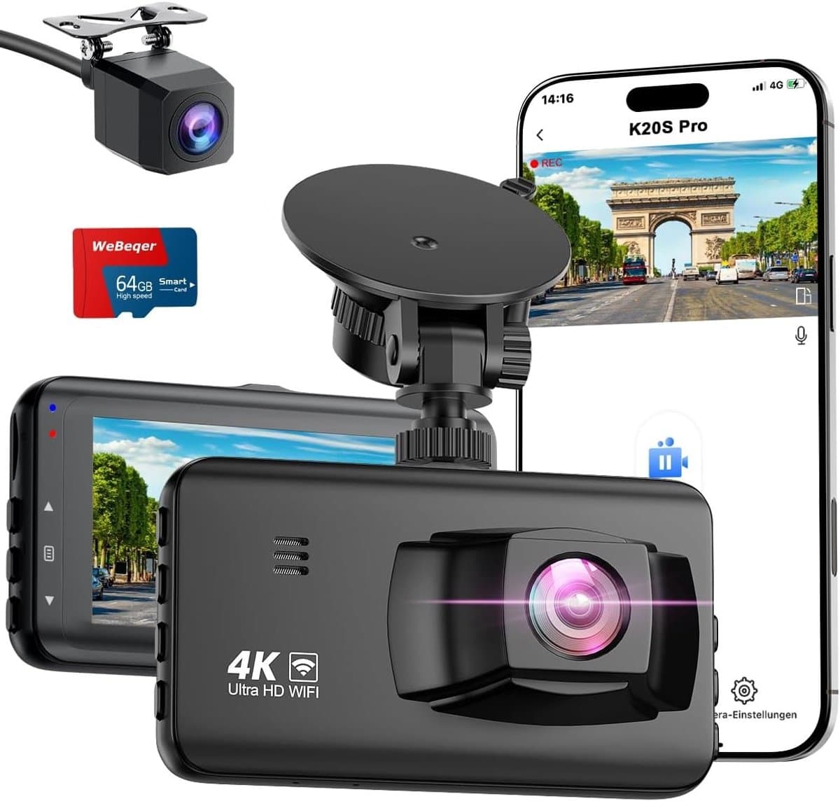Dashcam voor auto - Zwart - 3 inch IPS Scherm - 4K Voor- en 1080P Achtercamera met Wifi en Nachtzicht - Voor Veilig Rijden en Parkeren — afbeelding 1