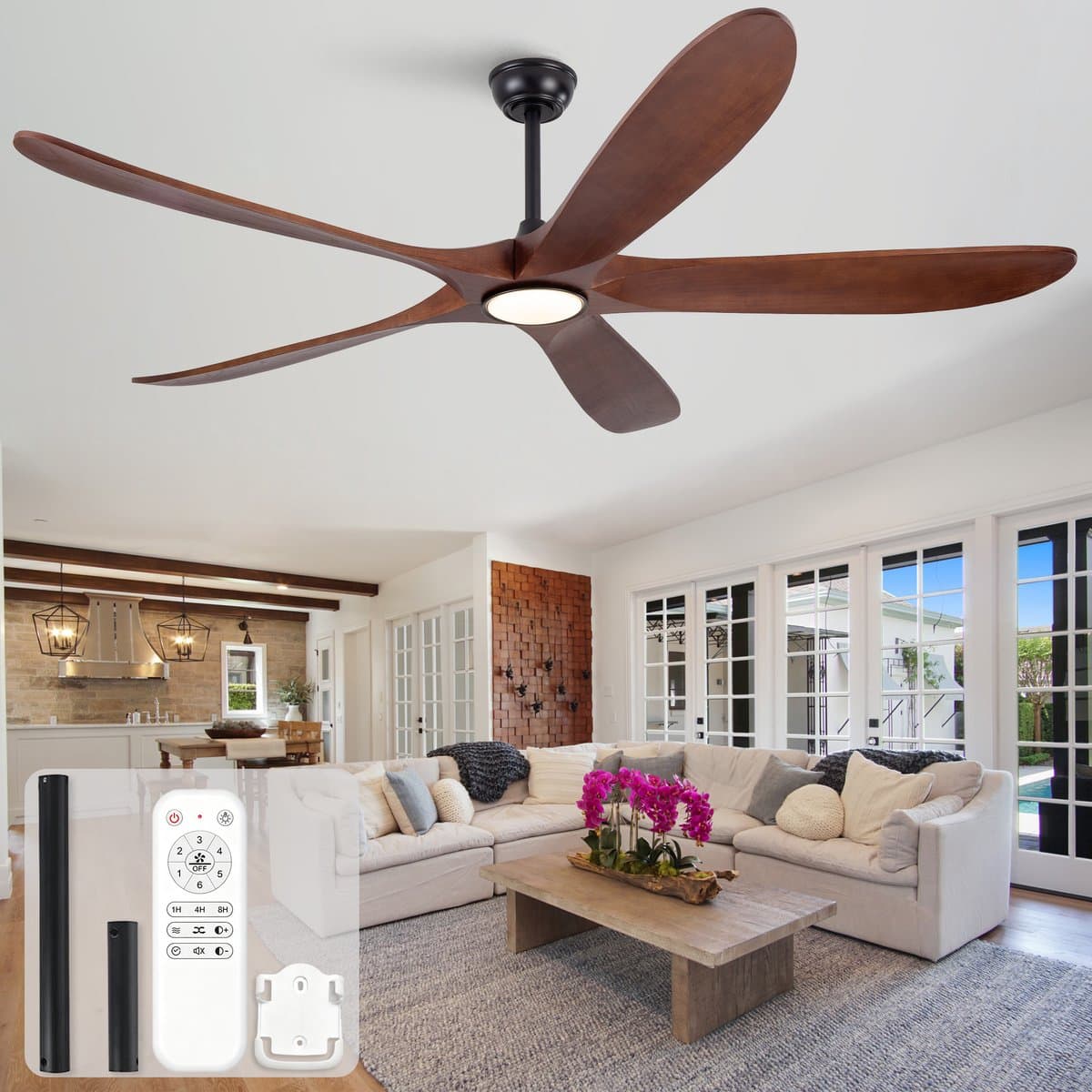 60 inch ultradunne plafondventilator met lamp, 5 massief houten bladen in donker walnoot - 3 kleurtemperaturen - dimbaar - 6 snelheidsstanden - stille luchtcirculatie - voor slaapkamer, eetkamer en woonkamer — afbeelding 1