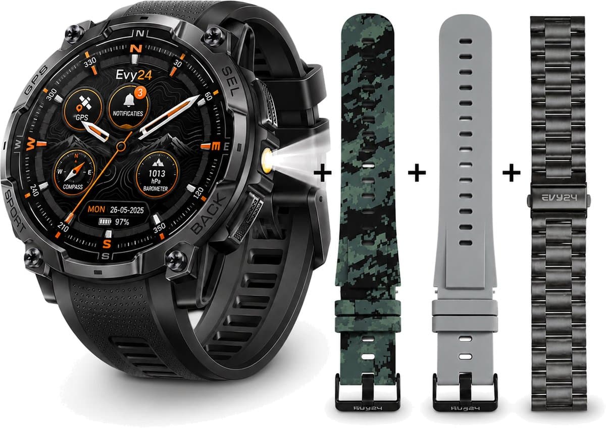 Evy24 GPS Smartwatch Amoled Pro - Sporthorloge Heren & Dames - Zelfstandige GPS/GNSS - Waterdicht - Belfunctie - Zaklamp - Kompas - Hoogtemeter - Barometer - 100+ Sportmodi - Outdoor - Zwart — afbeelding 1