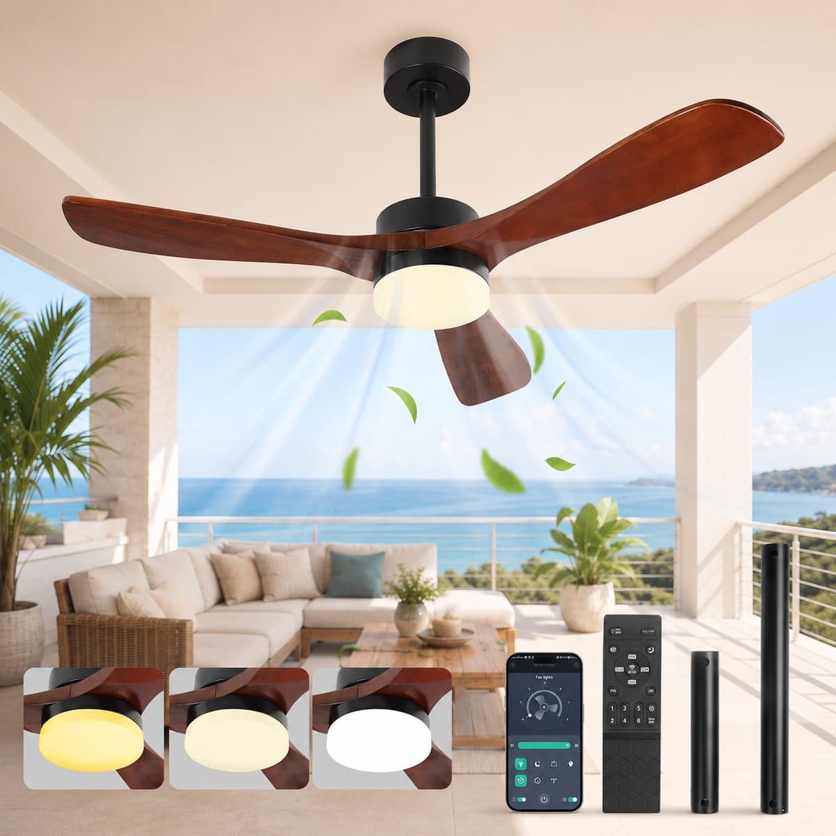 MUPOO hout Plafondventilator met Verlichting 106 cm -Stille DC Motor- Zomer- en Winterstand & Dimbare-APP & Afstandsbediening -6 Snelheden & Timer- Houten Bladen- plafonniere met ventilator voor Slaapkamer & Woonkamer — afbeelding 1