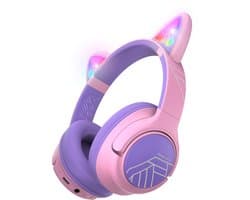 PowerLocus Bobo - Draadloze Koptelefoon voor Kinderen - Bluetooth koptelefoon - 74/85/94dB Volumebegrenzing - Katten Oortjes - Led Verlichting - Paars/Roze