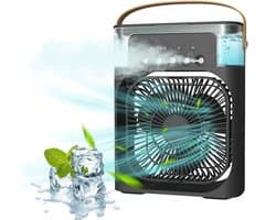 Ventilator met luchtbevochtiging - Draagbare Airconditioner - Verneveling Functie - Mini Koelspray - Luchtbevochtiger - Timer functie - LED verlichting - 7 kleuren - Energie besparing - Bureau - Kantoor - Thuis - Verkoeling Effect