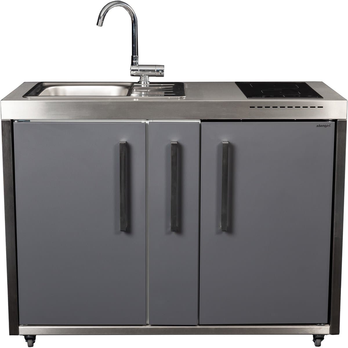 Minikeuken BeNeLux Stengel MO120 A voor gemonteerde metalen outdoor keuken met koelkast - inductie kookplaat - water en electriciteits aansluiting inclusief alle toebehoren Lei Grijs — afbeelding 1