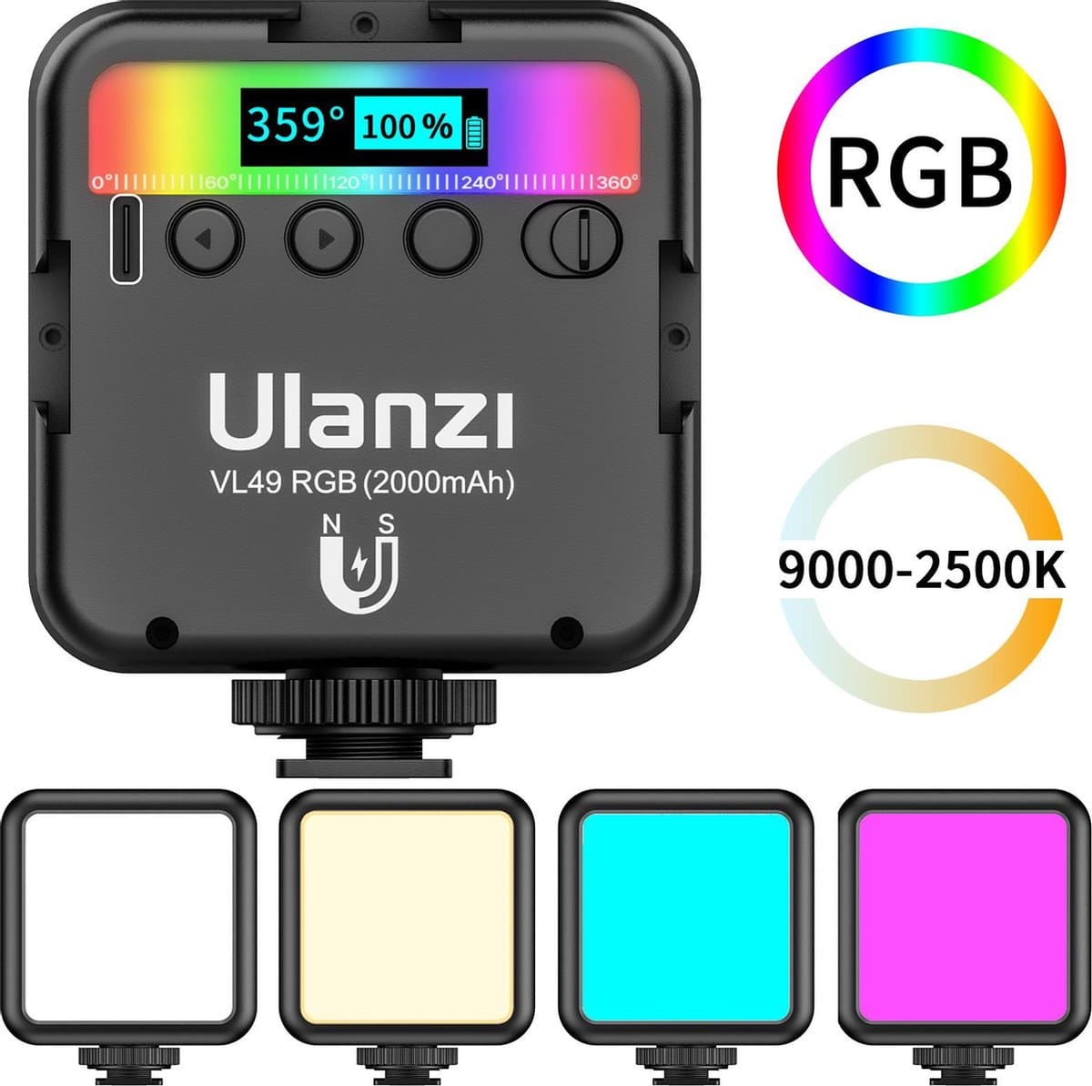 Ulanzi VL49 RGB Multi Color LED-videolamp - 2.000 mAh accu - Batterijduur 2 tot 10 uur - Wit/geel licht en kleuren - Met cold shoe mount en 1/4 inch schroefgat - USB-C - YouTube / TikTok lamp - Zwart — afbeelding 1
