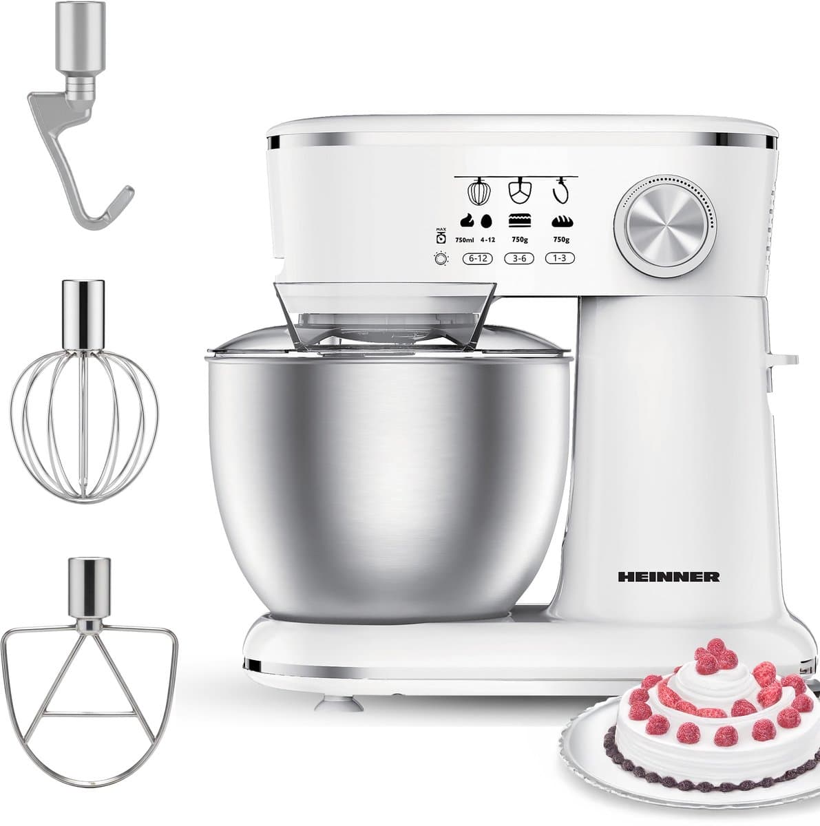 Heinner Keukenmachine Mixer – 5 L Kom – 1000 W – 12 Snelheden met Pulsfunctie – Keukenrobot inclusief RVS Garde, Menghaak en Deeghaak – Wit — afbeelding 1