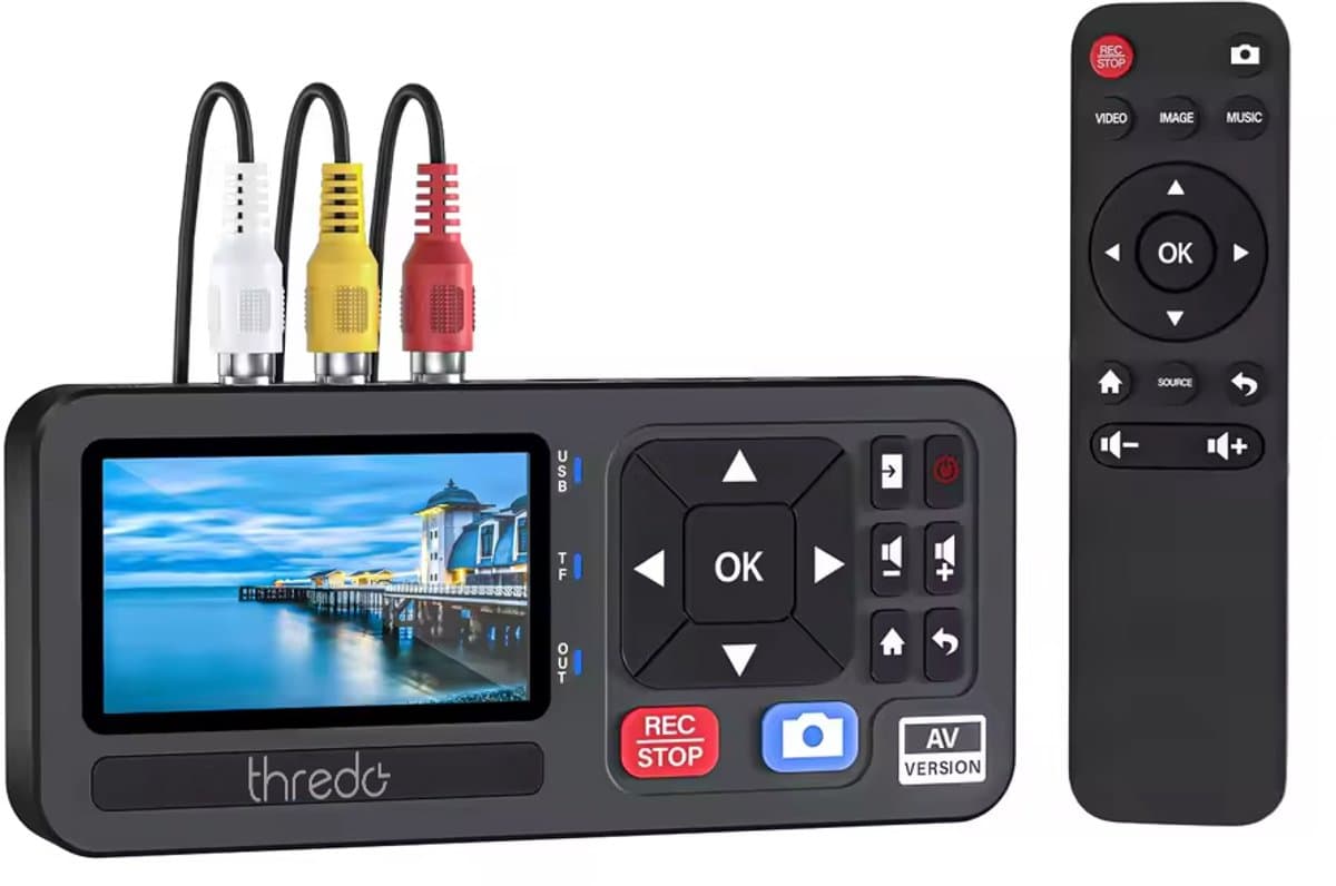 Thredo VHS-naar-Digitaal Converter / Videorecorder – AV (RCA) & S-Video → MP4 1080p – Zonder PC – 3″ Scherm – USB/TF tot 512 GB – Incl. Afstandsbediening – Zwart — afbeelding 1