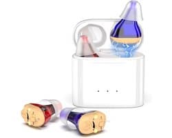 Hoortoestellen, draadloos oplaadbare hoortoestellen, hoortoestellen met magnetische oplaadcase, tweekanaals digitale in-ear hoortoestellen met ruisonderdrukking.