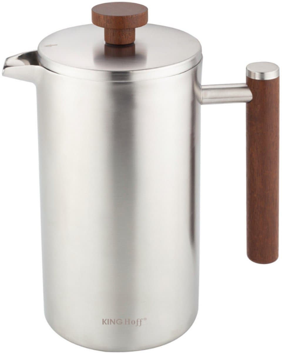 KINGHoff French Press 1 Liter – RVS 304 – Dubbelwandig – Houten Handgreep – Luxe Koffie & Thee Zetter – KH-1995 — afbeelding 1