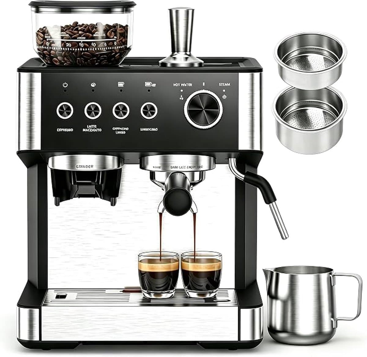 Espressomachine - Pistonmachine met geïntegreerde Bonenmaler - 15 Bar Italiaanse Pomp - 30 Maalstanden - 200g Bonenreservoir - 58mm Siebträger - Handmatige Stoompijpje Melkopschuimer - Coffee Machine - voor Thuis en Kantoor — afbeelding 1