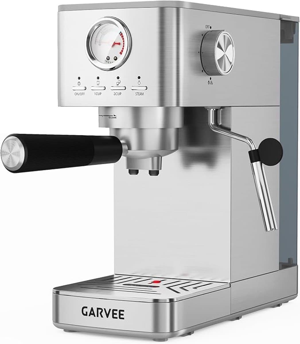 Espressomachine - Pistonmachine - 20 Bar Pomp - Portafilter - Met Manueel Stoompijpje - Drukmeter - Zilver RVS - Coffee Machine - Voor Thuis en Kantoor — afbeelding 1