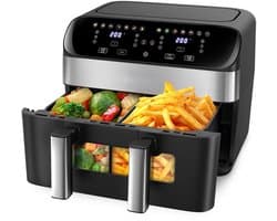 GDE - Airfryer XXL - 10L Dubbele Mand - 2600W - Heteluchtfriteuse met Kijkvenster - 12 Programma's - LED Touchscreen - Airfryer - Zwart