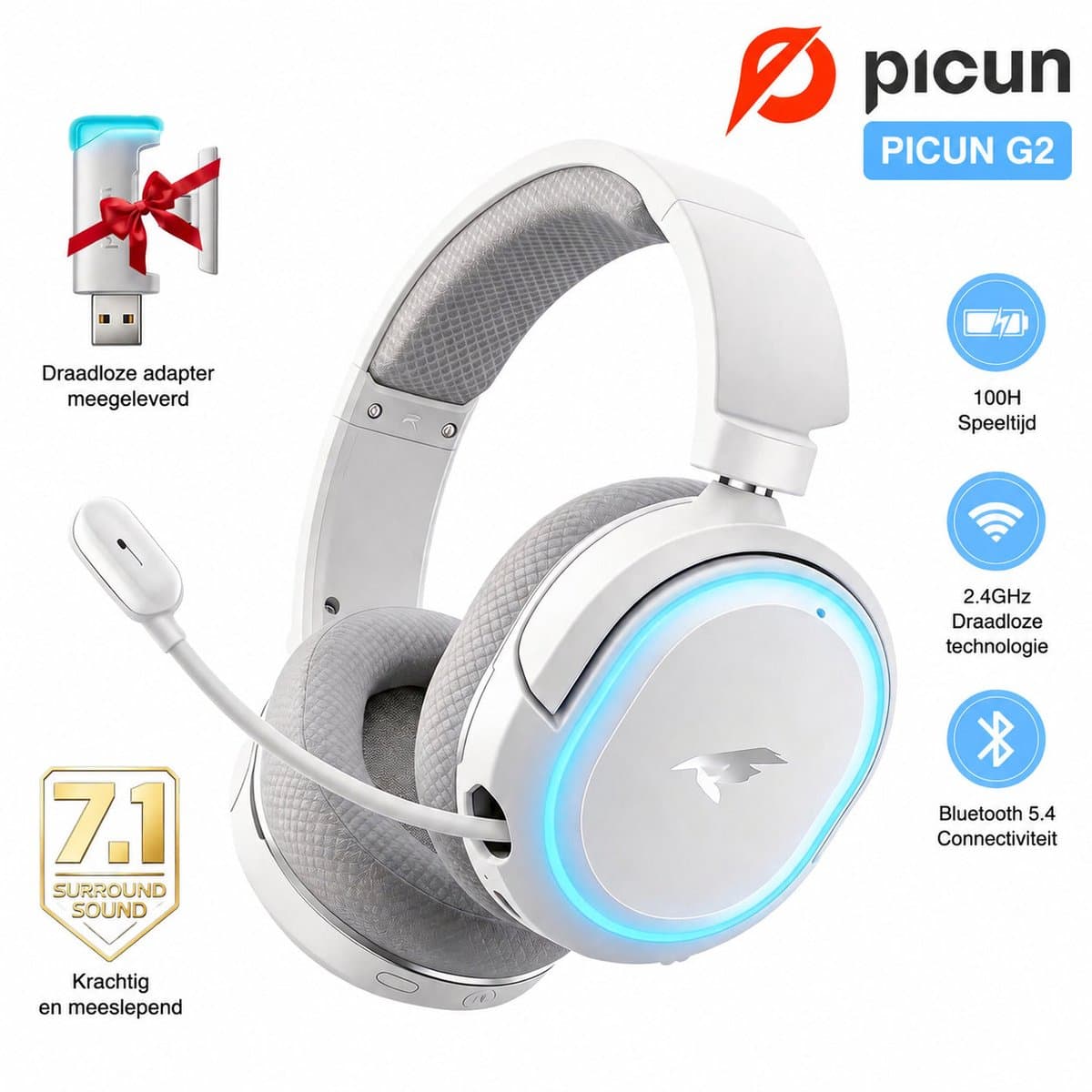 Picun G2- Bedrade Gaming Headset-Over Ear Koptelefoon Draadloos- Draadloze Headset met Microfoon - Bluetooth 5.3 - Geschikt voor PC/PS5/PS4/Switch - Inklapbaar - - Bluetooth Headset - Wit — afbeelding 1