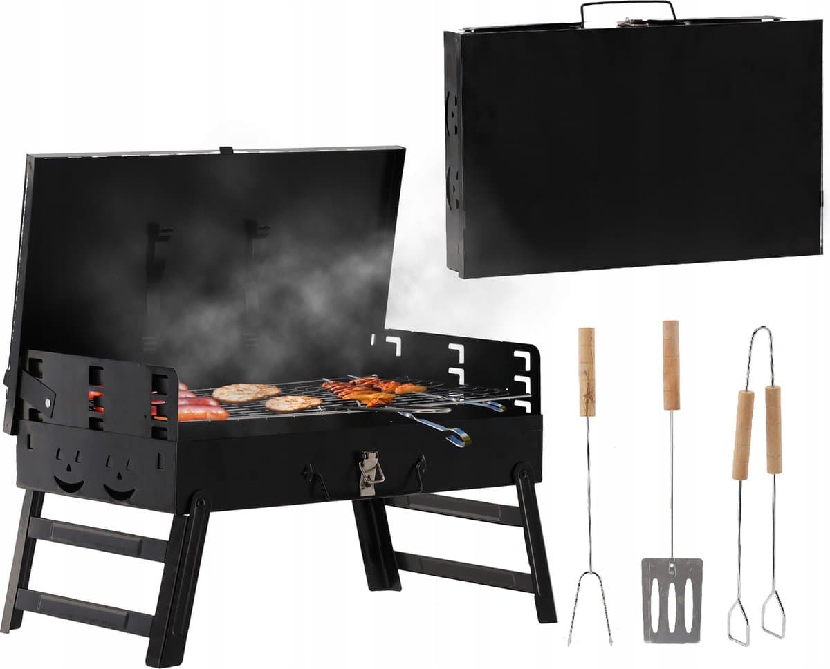 Opvouwbare toeristengrill/kampeer barbecue met vork en spatel, koffer 43x26,5x46,5 cm — afbeelding 1