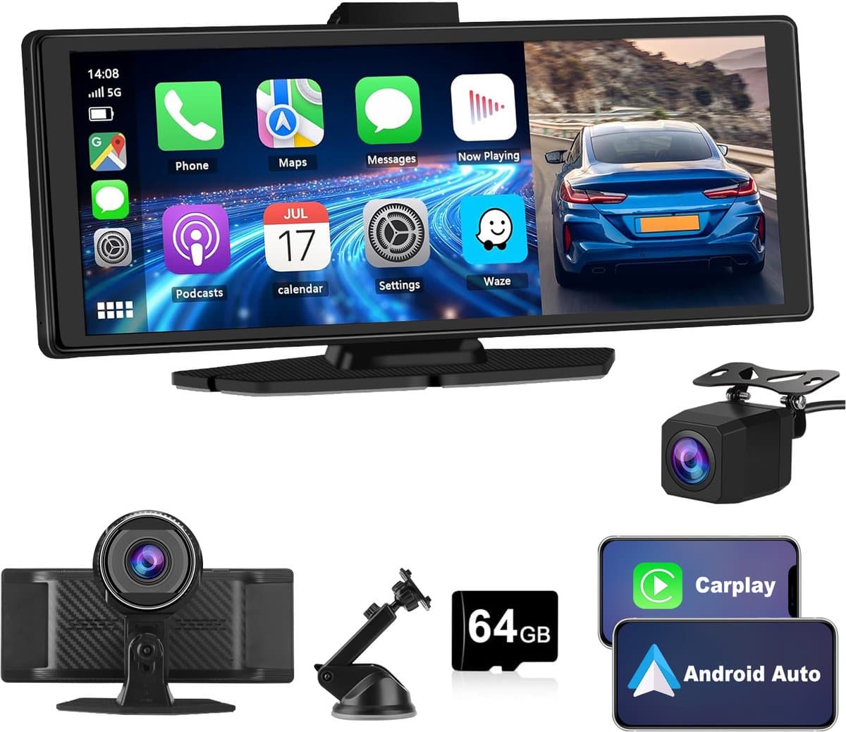 Hexinex - Draadloos CarPlay Scherm - 4K Dash Cam Carplay Android Auto - met 1080p Back-upcamera - Incl. 64GB SD — afbeelding 1