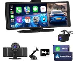 Hexinex - Draadloos CarPlay Scherm - 4K Dash Cam Carplay Android Auto - met 1080p Back-upcamera - Incl. 64GB SD