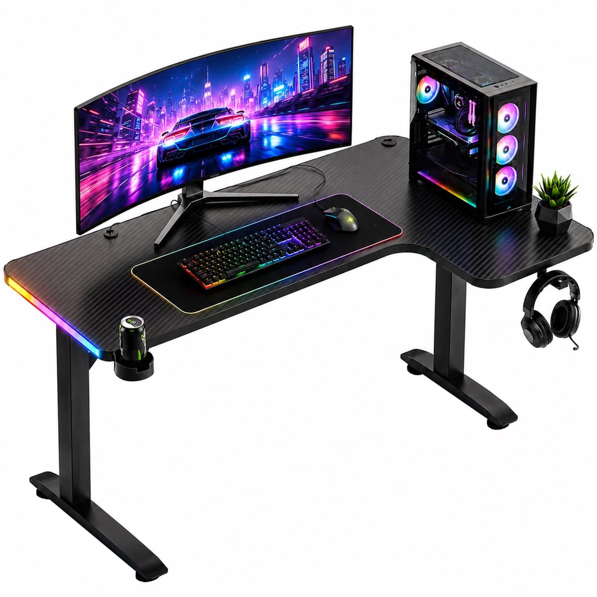 Avalo Gaming Bureau - 160x100x75 CM - L Vormig Hoekbureau - Game Desk Met LED Verlichting - Tafel - Zwart - Hoek Rechts — afbeelding 1