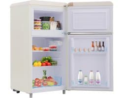 Retro Koelkast - Mini Koelvriescombinatie - Dubbeldeurs Koelkast - Vrijstaand – 72L – Klasse E – Stil 39dB - LED - Slaapkamer - 91cm - Vriesvak - Wit