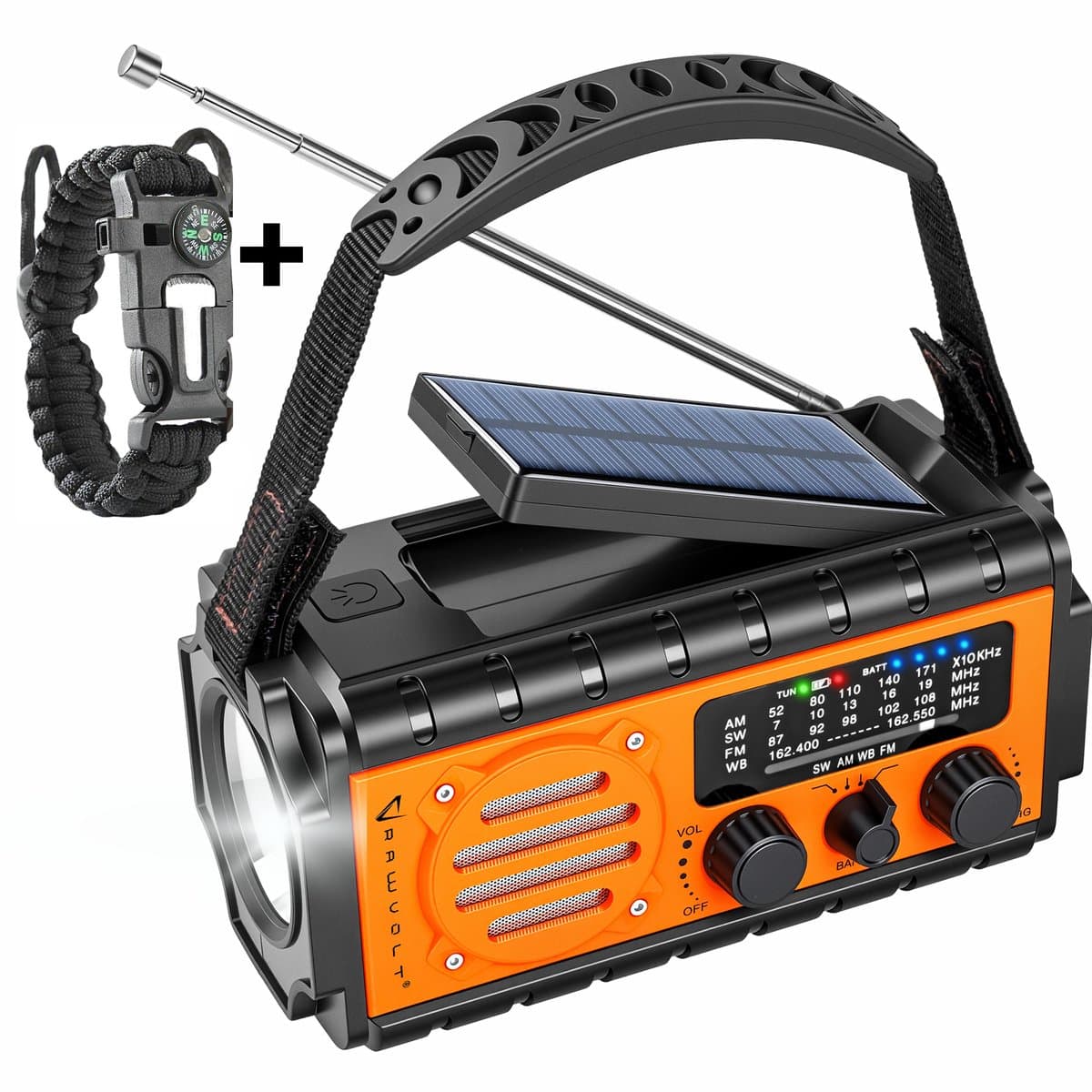RAWVOLT® - NIEUW - Noodradio SW20K - 20000mAh Li-ion Accu - Solar Opwindbaar - Powerbank, Zaklamp, SOS Alarm & Leeslamp - 2026 model voor indoor, outdoor en in noodpakket - incl. Multi-Function Survival Armband - Tango Orange — afbeelding 1