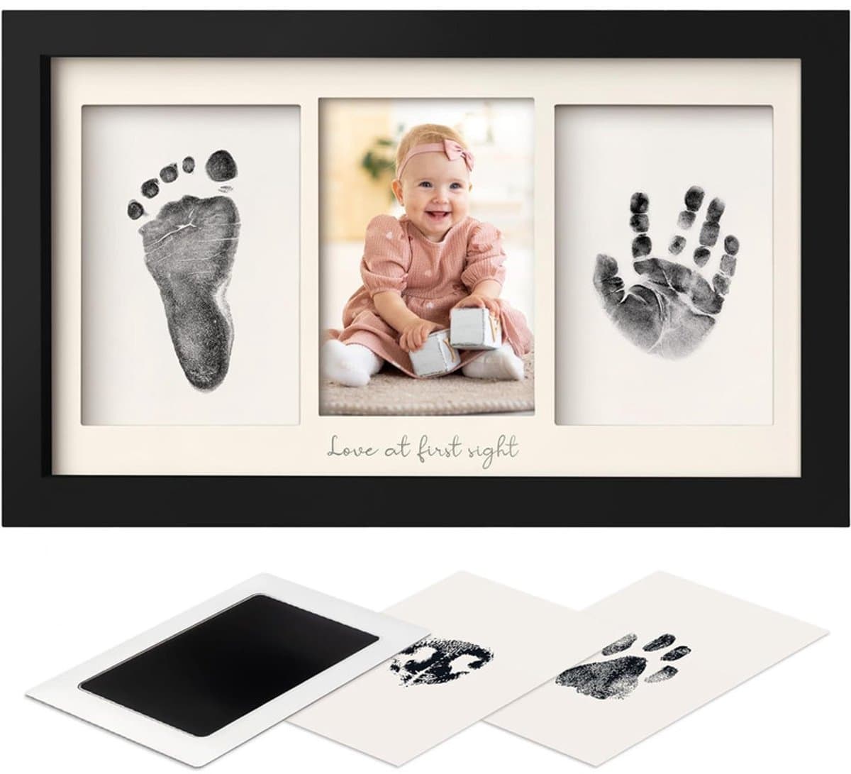 Fotolijst voor poot- en handafdrukken – Inktkussentje voor baby's – DIY-lijst voor hand- en voetafdrukken – Aandenken aan de eerste verjaardag – Herinneringsset voor hand- en voetafdrukken – Inktkussentje en afdruklijst pasgeborenen – 20x32,8x1,8cm — afbeelding 1