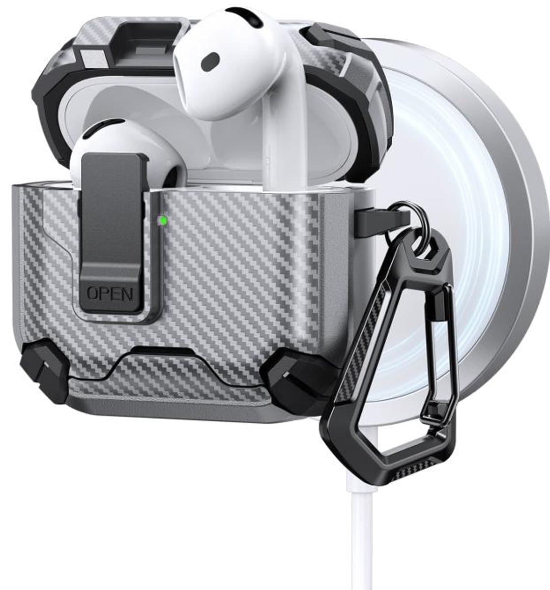 Telestore - AirPods 4 Carbon hard case cover - Carbon hybride grijs / zilver hoesje Beschermhoes - AirPods 4 Cover - hoesje geschikt voor Apple Airpods 4 - grijs - Carbon hard cover - met MagSafe functie — afbeelding 1