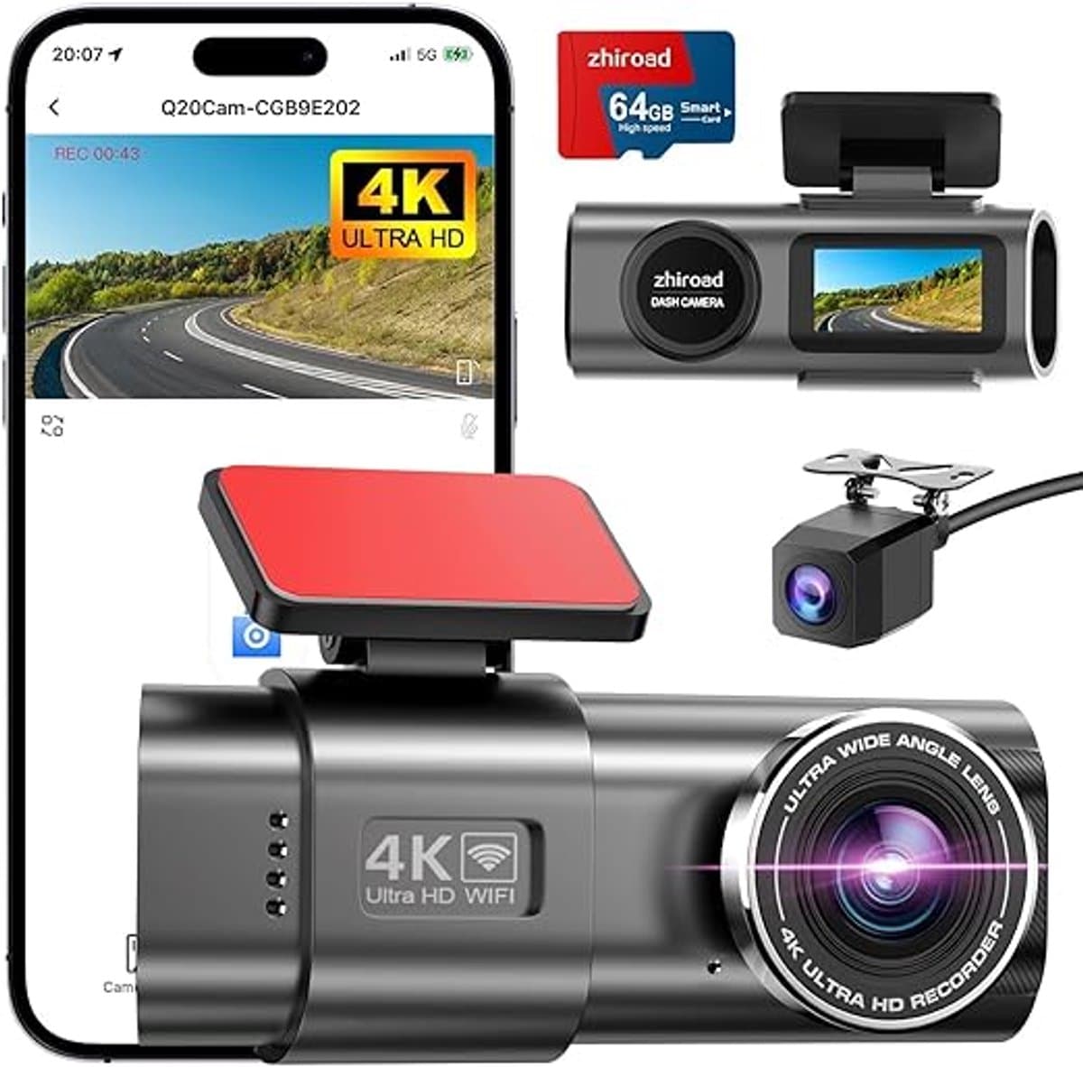 LeeuwenChoice® Dashcam Voor In Auto - 4K WiFi Dashboard Camera - Met 64GB SD-Kaart - Met Nachtzicht & App Besturing — afbeelding 1