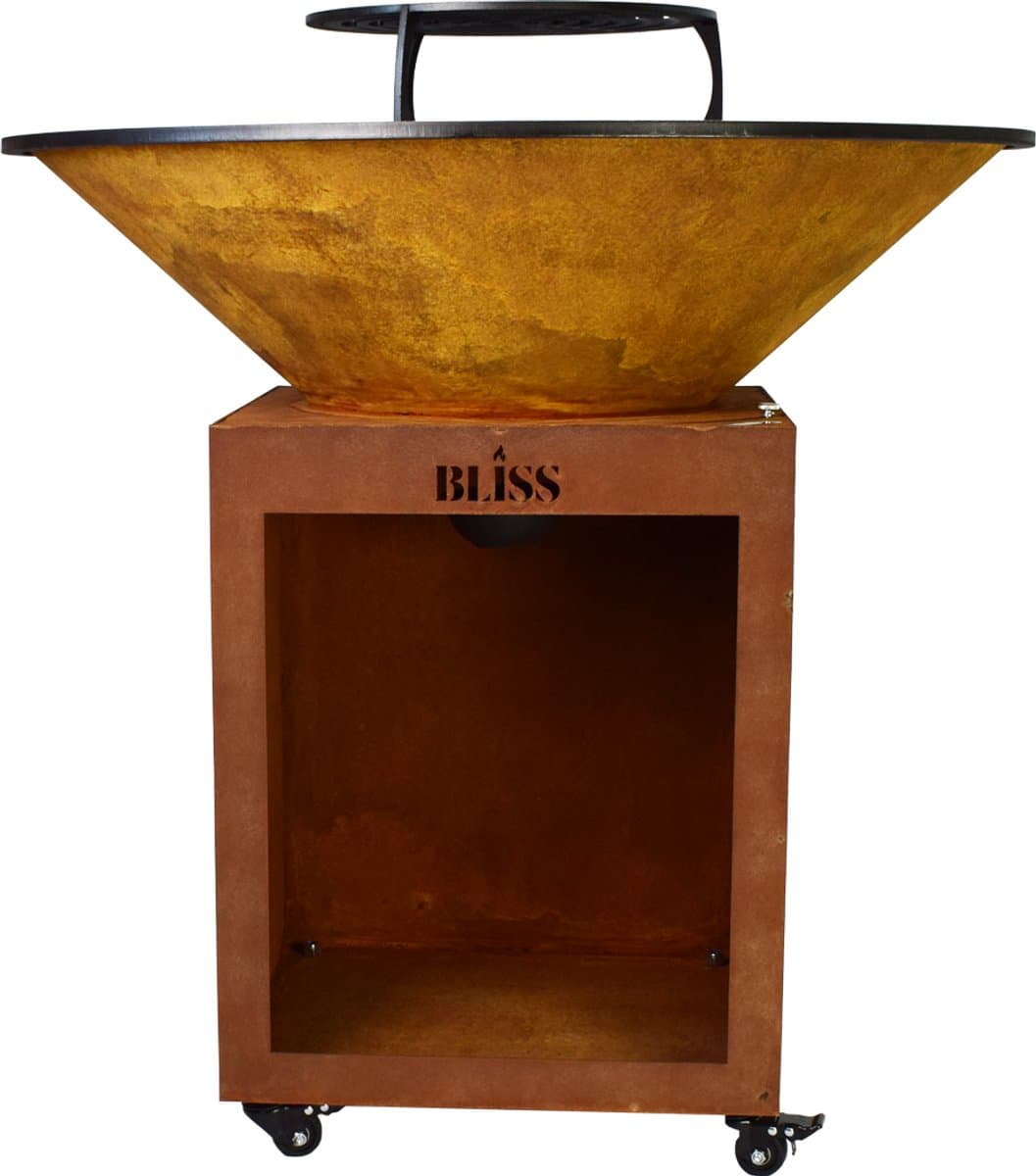 BLISS Plancha Cortenstaal Ø72 cm - Grote BBQ- Extra dik cortenstaal - 16 mm kookplaat - Vuurschaal - Buitenkoken - Houtopslag — afbeelding 1