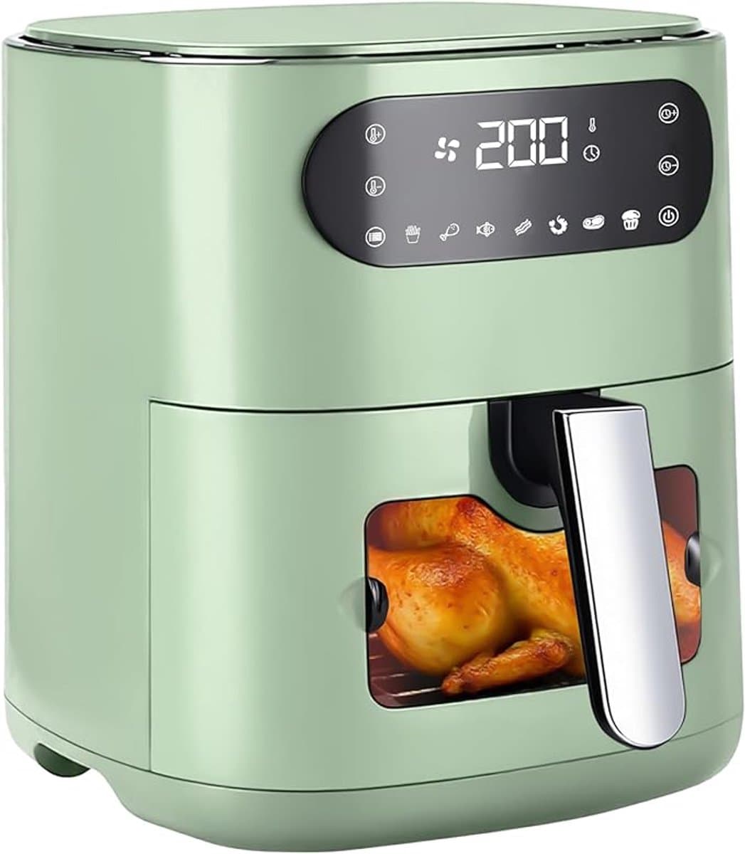 NETTLIFE Airfryer - Hetelucht friteuse - 6L - Kijkvenster - 1500W - 7 Bakprogramma's - 11 functies - 80-200 °C Instelbaar - Tot 5-6 personen - met Timer & Touchscreen - groen — afbeelding 1