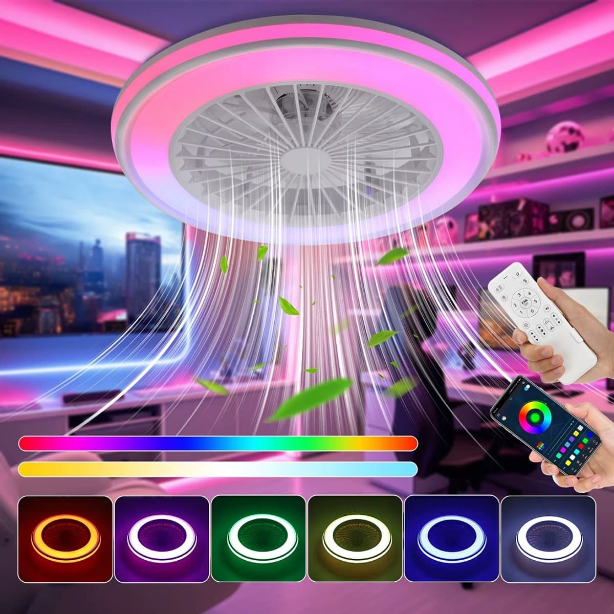 RGB Plafondventilator - Met Luidspreker - Dimbaar Met Afstandsbediening - 12 Kleuren - 60W - RGB Muziek Ventilator - Woonkamerlamp - Kroonluchter Ventilator — afbeelding 1