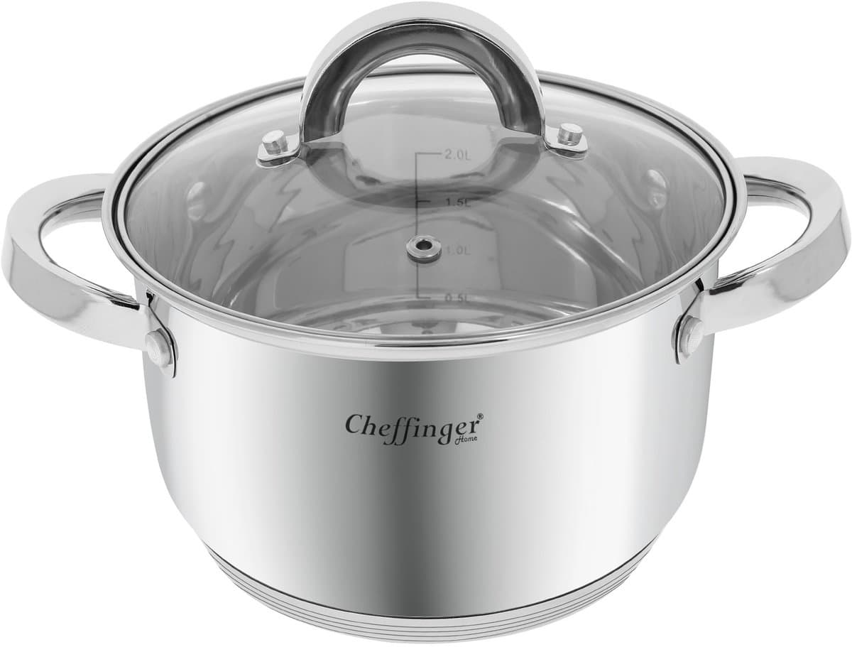 Cheffinger, Roestvrijstalen Kookpan met Glazen Deksel 18cm 2.9L Inductie Compatibel, Zilver — afbeelding 1