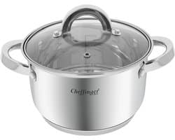 Cheffinger, Roestvrijstalen Kookpan met Glazen Deksel 18cm 2.9L Inductie Compatibel, Zilver