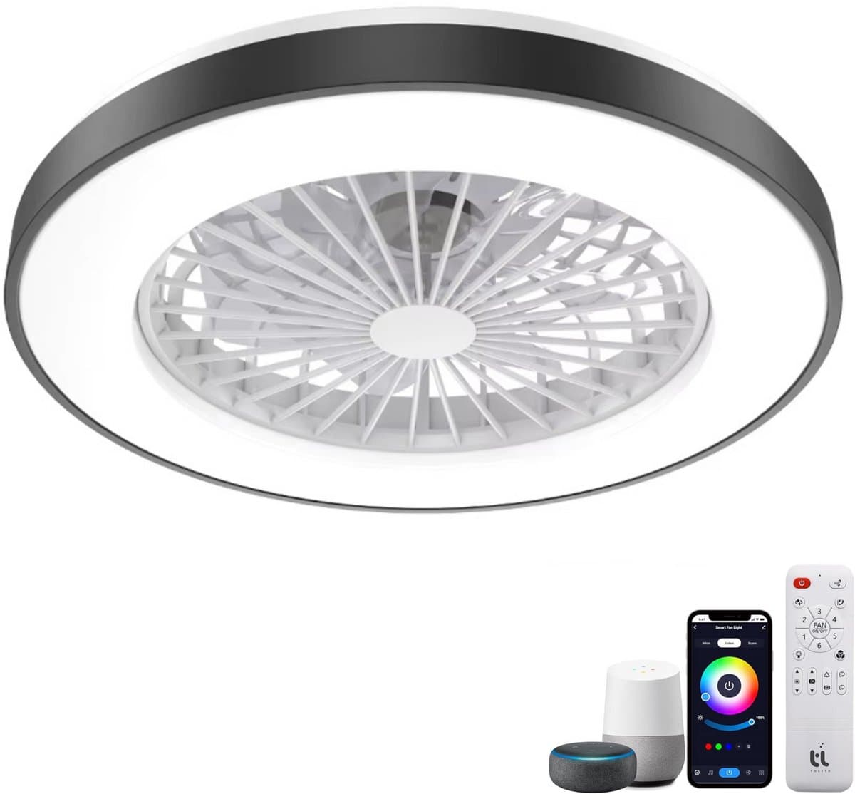 Slimme Plafondventilator met LED Verlichting - App & Afstandsbediening - Plafondlamp met Ventilator - Fluisterstil - Voor Slaapkamer & Woonkamer & Kinderkamer - Ø50 cm - Zwart — afbeelding 1