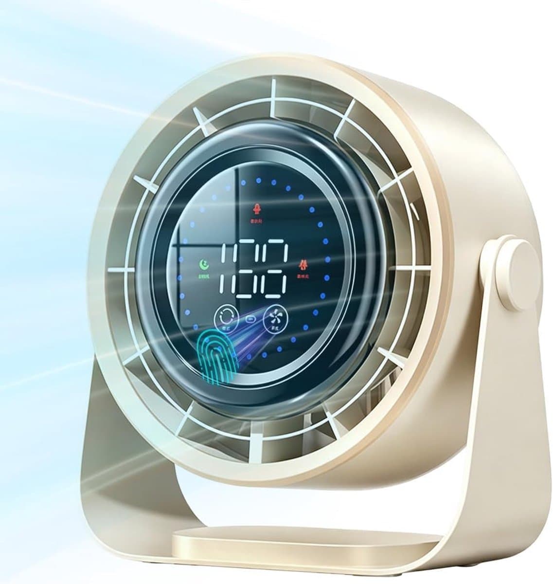 Bureauventilator, krachtige tafelventilator met touchscreenbediening en led-display, 100 snelheden, draagbare elektrische koelventilator, 2400 mAh USB-oplaadbare batterij, 360° kantelbaar, stil en stil voor kantoor, slaapkamer en thuis (beige) — afbeelding 1