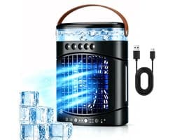 KZQ Draagbare Airco Met 3 Snelheden En 2 Miststanden - Snelle Koeling Met 600ml Watertank 2 4 6 8 Uur Timer En Led Verlichting - Mini verdampingskoeler Voor Slaapkamer Kantoor Kamperen Auto En Camper - Zwart