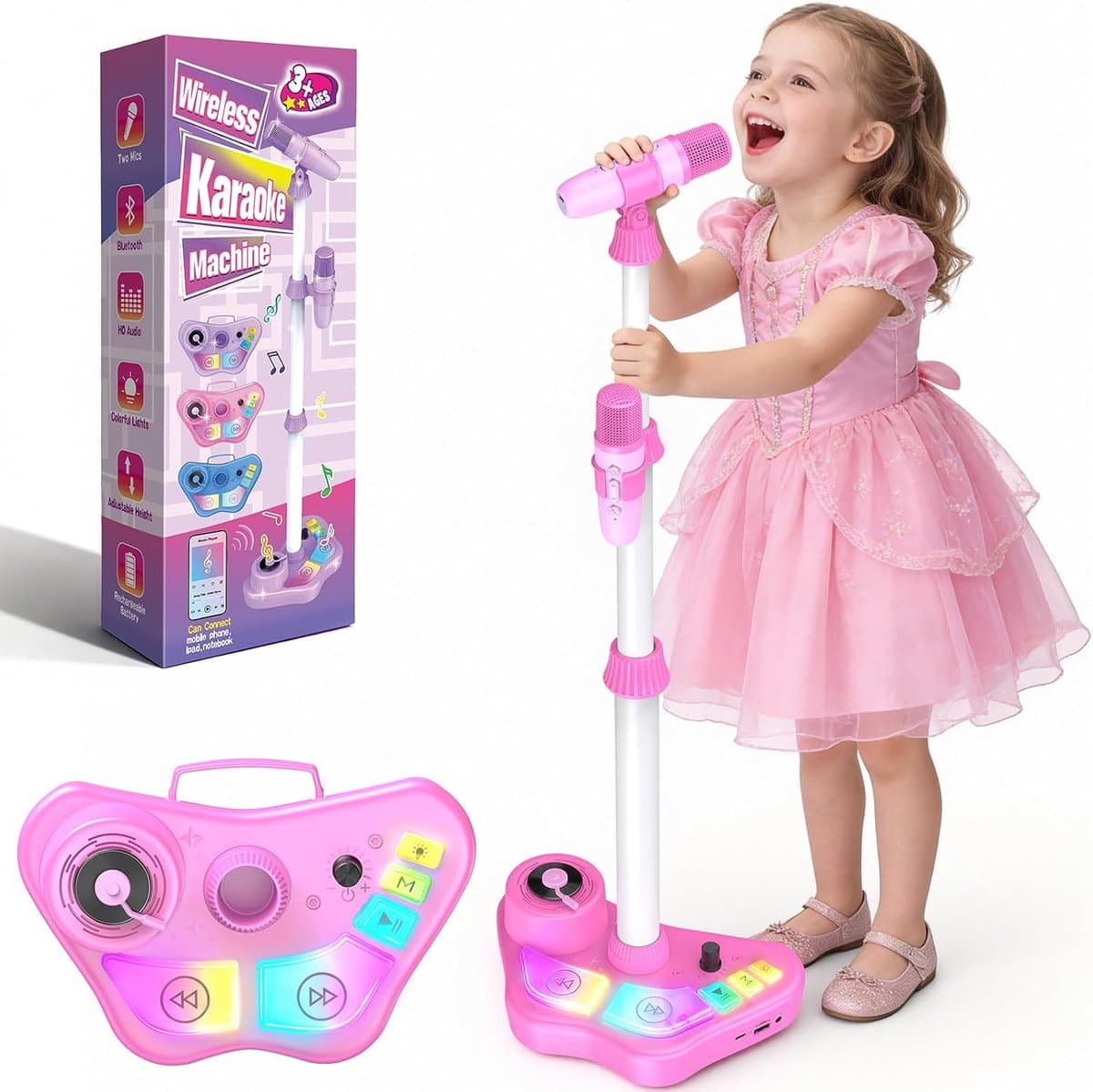 Karaoke Microfoonset voor Kinderen - Met Verstelbare Standaard, 2 Microfoons en LED-Verlichting - Bluetooth, USB, AUX & TF-Kaart — afbeelding 1