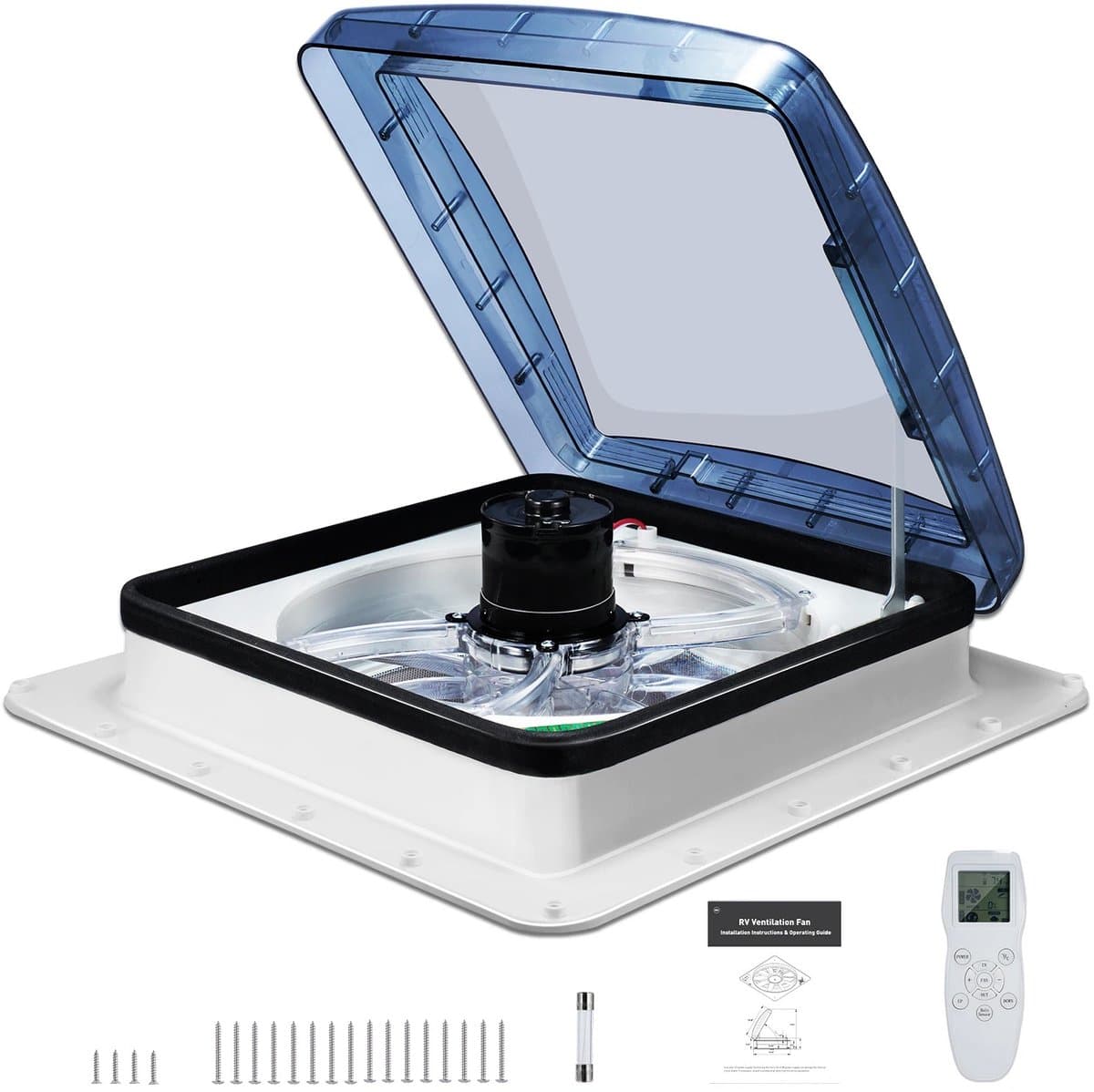 Velori RV Dakventilator 12V - Camper Dakventilator - Caravan Dakluik Ventilator - Plafondventilator met Afstandsbediening - Regensensor - 10 Snelheden - 40 x 40 cm — afbeelding 1