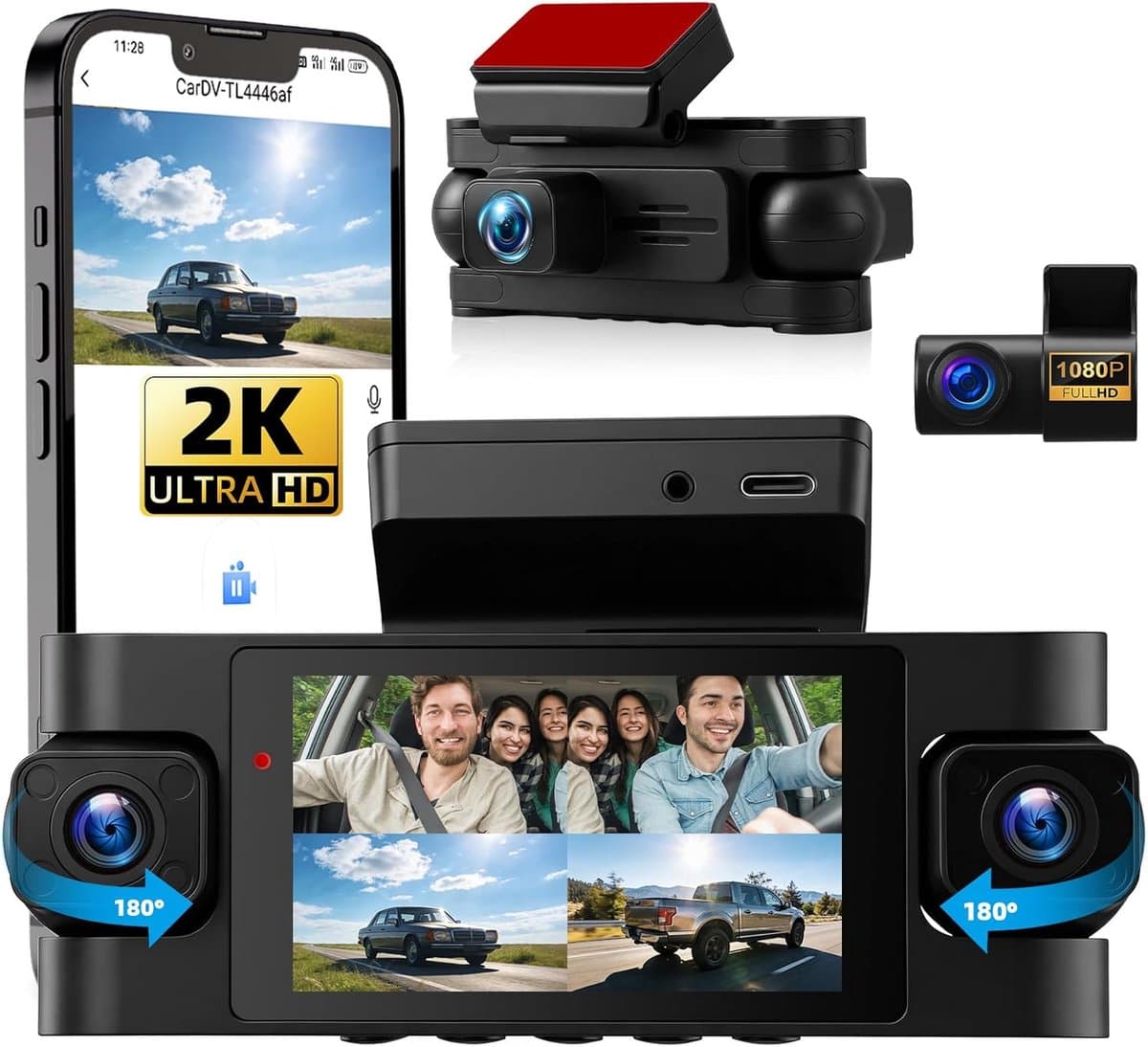 SnelShoppen - 4-kanaals spiegel dashcam met 2K + 1080p resolutie, 3 inch display, G-sensor, loop-opname, infrarood nachtzicht, parkeerhulp, GPS/WLAN-a — afbeelding 1