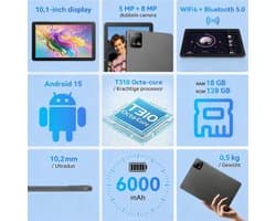 SnelShoppen - 10 Inch Android 15 Tablet met Oplader, 18GB RAM, 128GB Opslag, Octa-Core T30, Widevine L1, WiFi 5, 6000mAh Batterij, Uitbreidbaar tot 1T