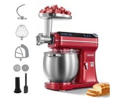 VEVOR Multifunctionele Keukenmachine met Kantelbare Kop 7 liter 2-in-1 1000 W Rood, Mixer voor Deeg, Room, Beslag en Vlees, Kneedmachine met Mengkom, Deeghaak, Klopper en Garde