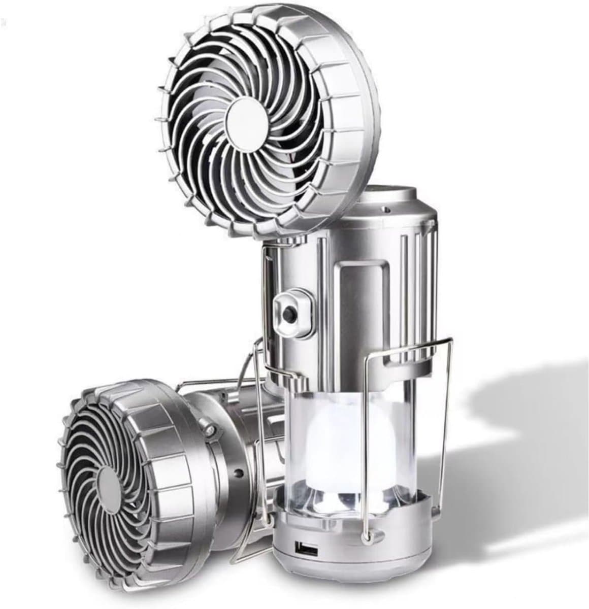 Draagbare USB-ventilator met zonneoplader, multifunctionele campinglamp, uitschuifbare noodlantaarn voor buiten, oplaadbare bureaulamp voor tent, wandelen en thuisgebruik-zilver (1 stuk) — afbeelding 1