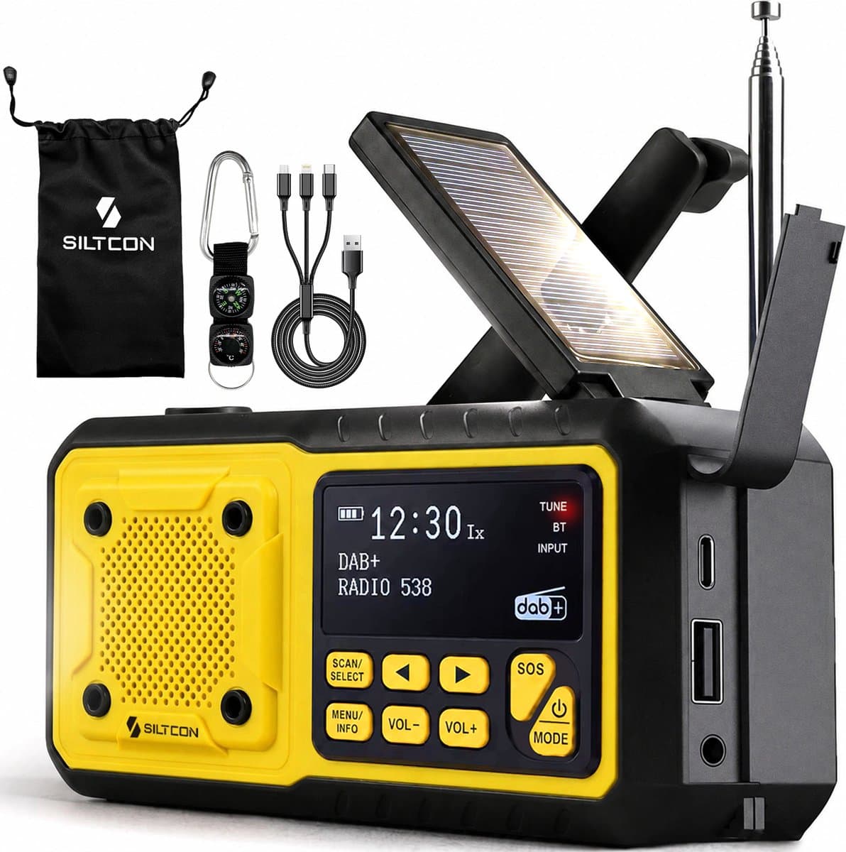 Siltcon® Noodradio Solar Opwindbaar - Solar Powerbank - 5000mAh - Radio DAB+/FM - Radio Noodpakket & Kamperen - Bluetooth + AUX - USB-A - USB-C - Zaklamp + SOS - Weeralarm - Thermometer - Compass - Incl. Oplaadkabels Telefoon & Waterdichte opberghoes — afbeelding 1