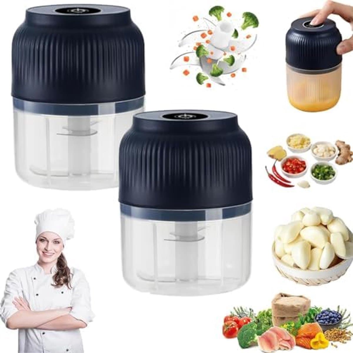 Elektrische hakker - Mini keukenmachine - Snel ingrediënten snijden - Draadloos en USB-oplaadbaar - 300ml capaciteit - Blauw — afbeelding 1