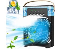Deze 4-in-1 draagbare airconditioner combineert airconditioning, een ventilator, drie ventilatorsnelheden, een timer, een luchtbevochtiger (600 ml waterreservoir), USB-opladen, een luchtkoeler en een stille modus – in het zwart.