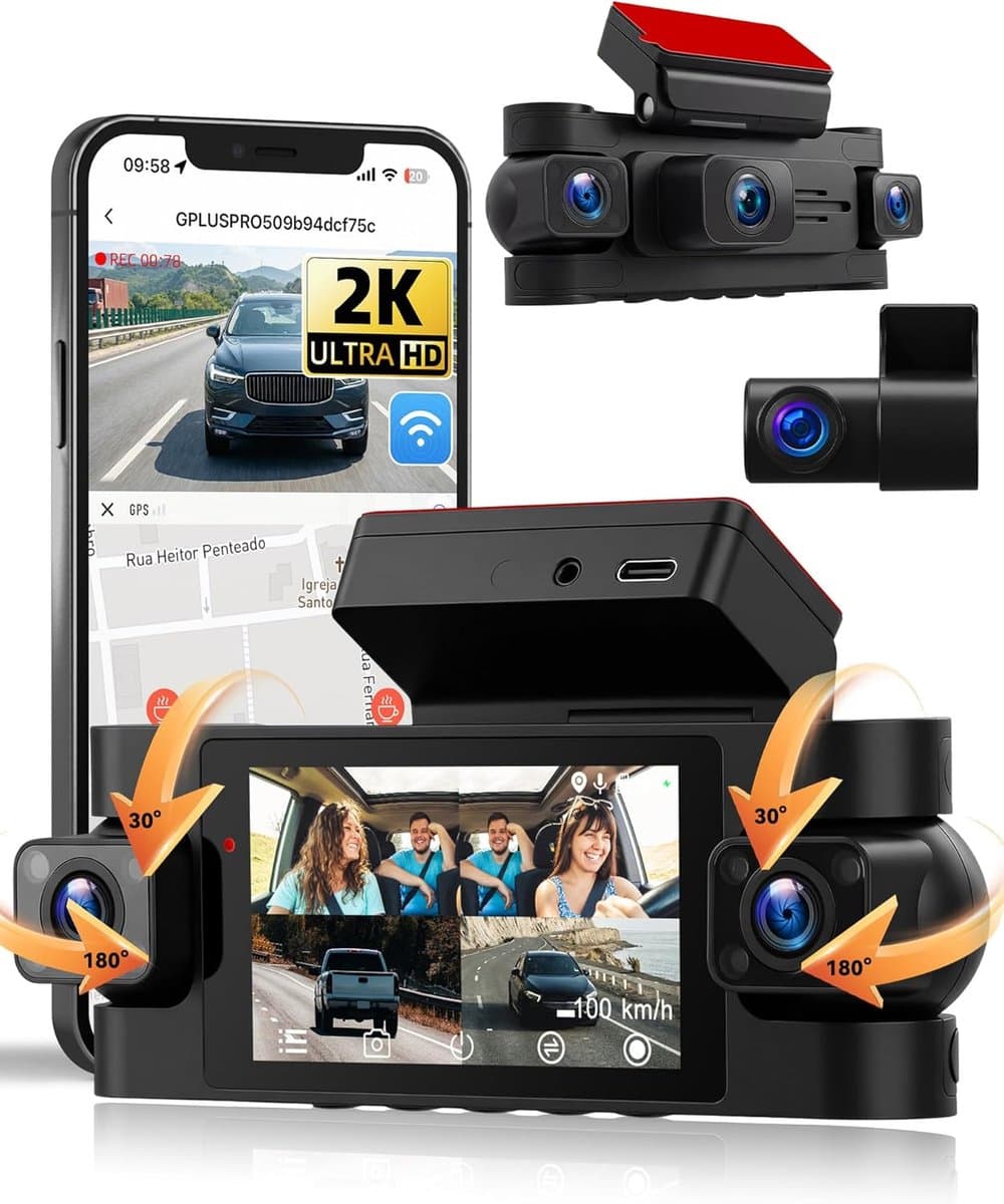 SnelShoppen - SIXWIN 2K Dashcam Auto met 3 Inch Display, 360° Rondom Zicht, 3 x 1080p Camera's, Wifi, Nachtzicht, G-sensor, App-bediening, 24/7 Parkee — afbeelding 1