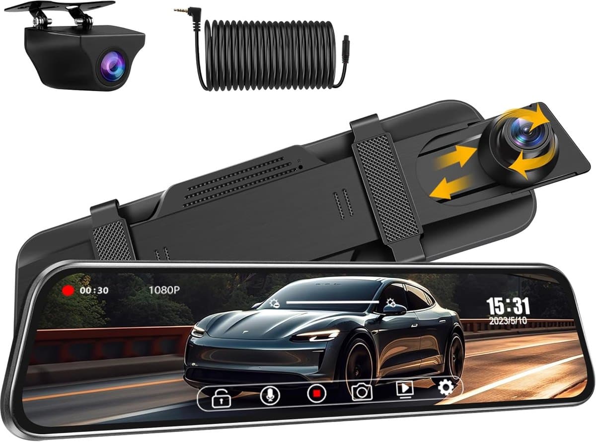 SnelShoppen - Dual 1080P Mirror Dashcam met Achteruitrijcamera 10-Inch IPS Touchscreen, 170° + 140° Hoek, Nachtzicht en Waterdicht - Auto Camera Voor — afbeelding 1