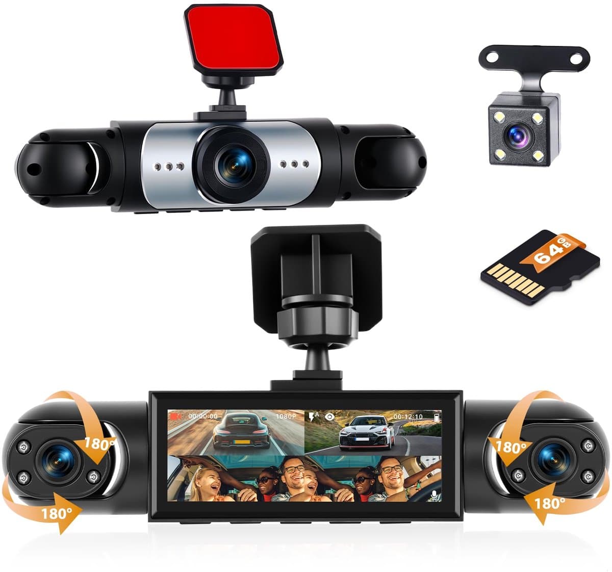 SnelShoppen - 4-kanaals auto-dashcam met 3,16 inch IPS-display, 1080p voor- en 3 x 480p camera, nachtzicht, loopopname, rijrecorder met achteruitrijhu — afbeelding 1