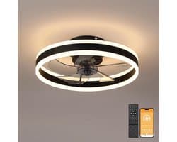 LED-plafondventilator met verlichting- platte plafondventilator met verlichting- 6 snelheden en omkeerbare windrichting voor alle seizoenen- dimbare LED- 40 cm -zwart