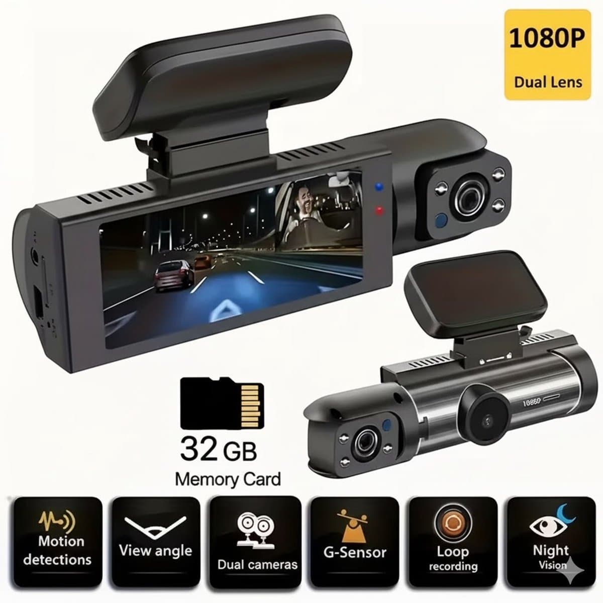 1080p Dashcam voor Auto met Nachtzicht, Loop Recording en IPS-Scherm – Inclusief 32 GB Kaart – Rij- en Beveiligingscamera voor Voorkant en Parkeren — afbeelding 1